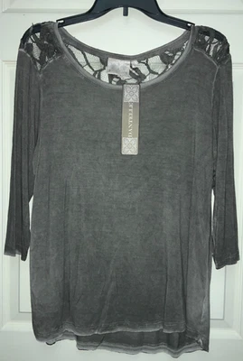 Nueva Camiseta Top DANTELLE Manga 3/4 Encaje Borde Prenda Teñida L Gris Nueva con Etiquetas Foto 1 de 4
