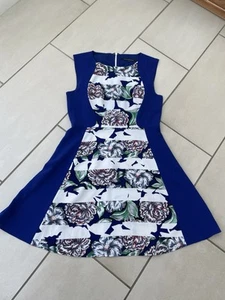 FRENCH CONNECTION. SIZE 12. LADIES BLUE TEXTURED, FLORAL PANELLED A-LINE DRESS - Picture 1 of 16