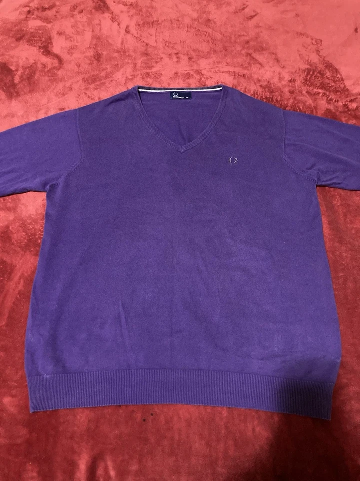 Fred Perry V-Neck Sweater Long Sleeve XXL Purple W/White & Grey Trim(24in Pit) - Image 1 of 4