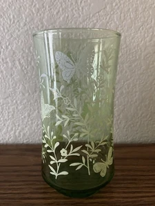Vintage Libby grasgrüne Glasbecher mit grünem bis weißem Ombre Schmetterlingsdruck - Bild 1 von 6