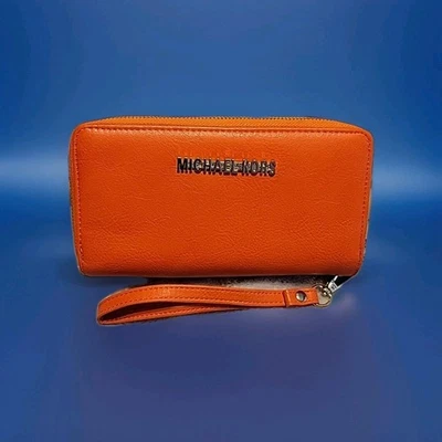 Cartera Michael Kors Jet Set Viaje Naranja Cuero Guijarro Doble Cremallera Alrededor, Nueva Foto 1 de 4