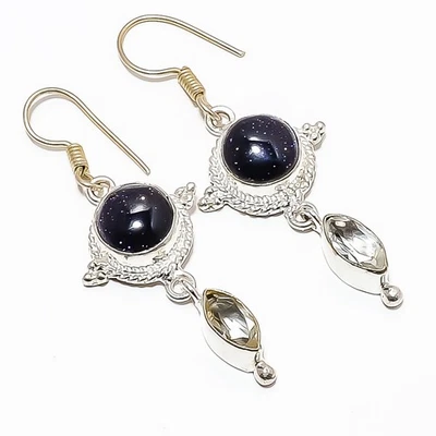 Серьги ювелирные посеребренные с голубым солнечным камнем, белым топазом 1,95 дюйма TE-420 - Изображение 1 из 3