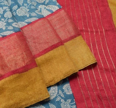 Tela Sari Sushila Vintage Azul Teal Lana Pura Estampado Floral Suave 5YD Foto 1 de 4