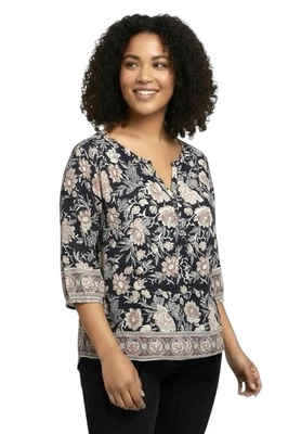 LUCKY BRAND Talla 1X Túnica Top Paisley Borde Estampado Mangas 3/4 Boho Campesino Foto 1 de 4