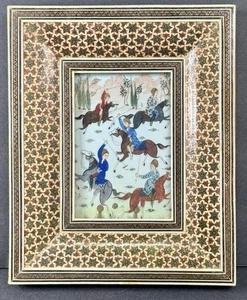 Kleines persisches Miniatur Pferd Polo Gemälde im Khatam Intarsien Rahmen - Bild 1 von 19