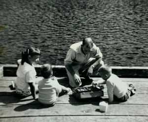 Man With Children Fishing On Dock Tackle Box B&W Photograph 3.5 x 5 - Picture 1 of 3