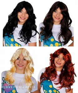 70'S FLICK WIG LADIES DISCO FANCY DRESS BLACK BROWN BLONDE RED LONG WAVY HAIR - Picture 1 of 5