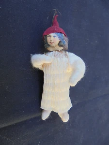 Antique Spun Cotton Feather Tree Ornament Woman in Dress Red Crepe Paper Hat 3" - Picture 1 of 7