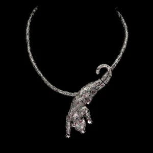 EMERALD RUBY SAPPHIRE & MARCASITE TIGER NECKLACE .925 STERLING SILVER 16.5 IN - Picture 1 of 4