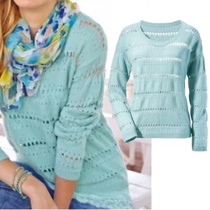 hochwertig Pullover WEICH Kaschmirtouch Gr.46/48 AJOUR Lochmuster TÜRKIS BLAU  - Bild 1 von 3