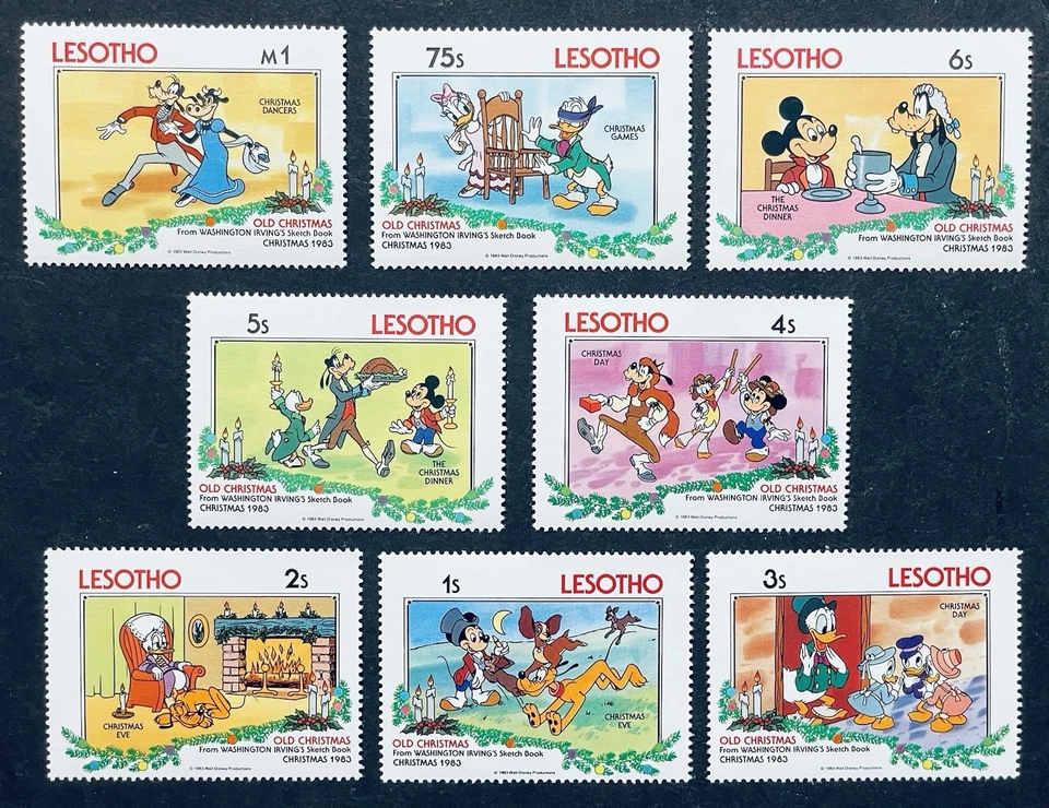 JUEGO DE SELLOS ANTIGUOS DE DISNEY DE NAVIDAD LESOTHO 1983 MNH WASHINGTON IRVING MICKEY DONALD Foto 1 de 1
