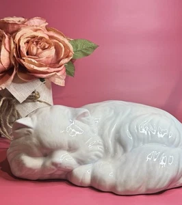 Vintage Ceramic Sleeping Cat Figurine White Glazed 11” MCM Persian Cat - Picture 1 of 22