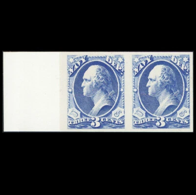 US #O37P3 3¢ OFICIAL NAVY DEPARTAMENTO PLACA INDIA PRUEBA PAR MONTADO EN TARJETA, XF Foto 1 de 2