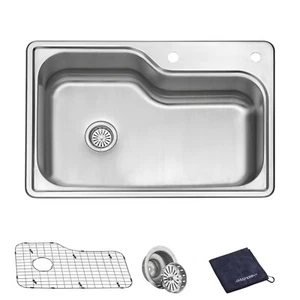 JASSFERRY Kitchen Sink Drop in 18Gauge Stainless Steel Topmount 2Hole 33"x22"x8" - Picture 1 of 7