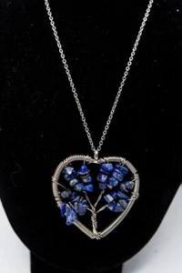 Lapislázuli chip árbol de la vida alambre corazón colgante tono plata cadena collar 18" - Imagen 1 de 2