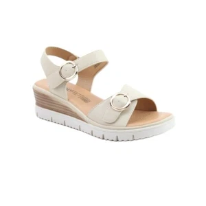 HEAVENLY FEET Concord - Womens/Ladies 2 Buckle Ankle Strap Wedge Sandal Beige - Picture 1 of 5