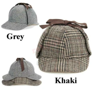 Sherlock Holmes 2 Peak Deerstalker Tweed Check Ear Flaps Wool Blend Cap Hat! - Picture 1 of 14