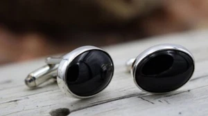 Naturschwarz Onyx Edelstein 925 Sterlingsilber Manschettenknöpfe Sonder Gift Zum - Bild 1 von 6