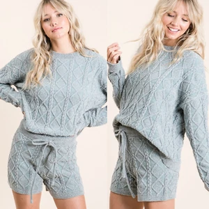 Sage Cable Knit Soft Chenille Lounge Set High Quality Pajama Set - Picture 1 of 9