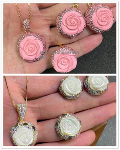 Pink Turquoise/White Shell Carved Flower Inlay Earring Ring Pendant Necklace Set - Picture 1 of 14