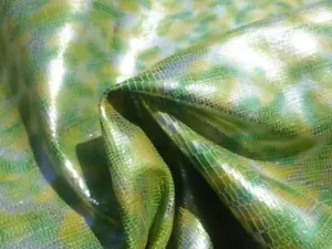 Pigskin leather hide Mottled Metallic Silver/Green/Yellow Lizard Reptile Print - Picture 1 of 8