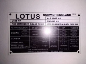 Placa de identificación Lotus placa de identificación placa lubricantes europa Elan super Seven 7 s102 - Imagen 1 de 1