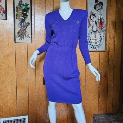 Vestido De Colección Años 80 St John Santana Tejido Marie Gris Cóctel Falda Lápiz Violeta S/M Foto 1 de 4