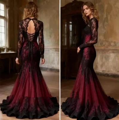 Vestidos de novia sirena negro y borgoña apliques de encaje gótico vestido de novia Foto 1 de 4