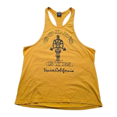 Camiseta sin mangas vintage Golds Gym para hombre XXL amarilla Stringer muscle Venice Beach Cali EE. UU. Foto 1 de 4