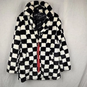 Dolls Kill Current Mood Size M Checkered Faux Fur Coat Jacket W Pockets 20" Bust - Picture 1 of 10