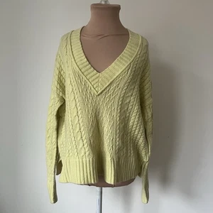 Herbst Kaschmir gelb gerippt Zopfmuster Grobstrick V-Ausschnitt weicher Pullover EUC Größe L - Bild 1 von 12