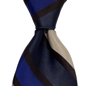 BACHRACH Men's 100% Silk XL Necktie CANADA Designer STRIPED Blue/Black/Ivory EUC - Picture 1 of 3