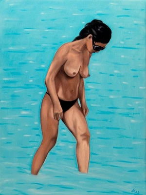 Pintura al óleo original femenina desnuda, playa de verano, arte contemporáneo, estudio de figuras Foto 1 de 4
