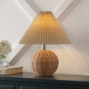 Aksel 17.25 in. Scandinavian Rattan/Iron Sphere LED TableLamp with Pleated Shade - Picture 1 of 10