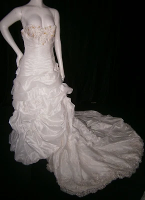 Maggie Sottero Wedding Dress 8 Ivory Satin Lace Ballgown HUGE TRAIN Corset Bling - Image 1 of 4