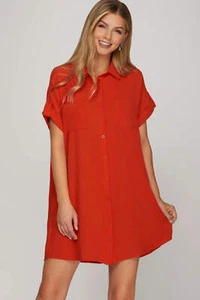 She + Sky Full Size Button Down Short Sleeve Woven Shirt Dress Plus Size - Picture 1 of 4