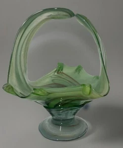 MCMHand Blown Light Green Art Glass Basket Maroon Swirls Clear Base Murano Style - Picture 1 of 7