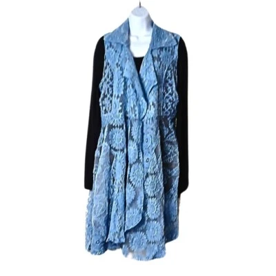 Vintage Y2K Womens Duster Vest Size L Floral Leaf Lace Overlay Sheer Mesh Blue - Image 1 of 4