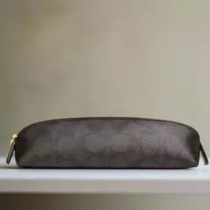 Coach Pencil Case Signature Canvas CZ206 Slim Zip Black Walnut Gold Slim - Picture 1 of 6