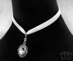 Victorian Crystal WHITE VELVET CHOKER Ribbon Necklace Wedding Silver Pendant - Picture 1 of 3