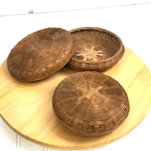 2er Set Vintage verschachtelter Rattan Weidenkorb Set rund 7" & 5,5" Durchmesser - Bild 1 von 9