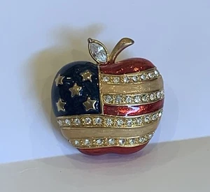 Patriotic Brooch Pin Red White Blue Enamel Flag Apple Gold Tone Rhinestones - Picture 1 of 4