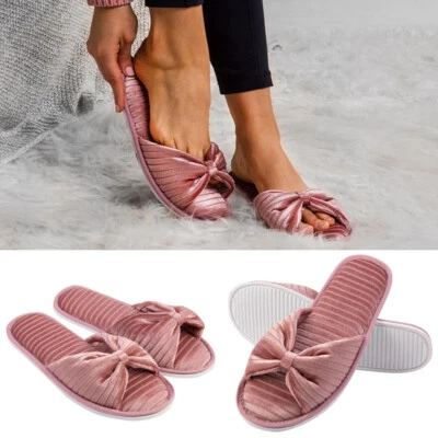 Aerusi Pink Open Toe Soft Cozy Velvet Spa Slippers Slip-On Indoor Bedroom Shoes - Image 1 of 4