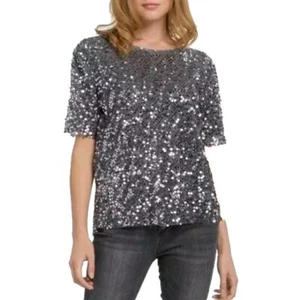 Alex Marie Lia Sequin Velvet Top Silver Crew Neck Short Sleeve Size S Boxy NWT - Picture 1 of 10
