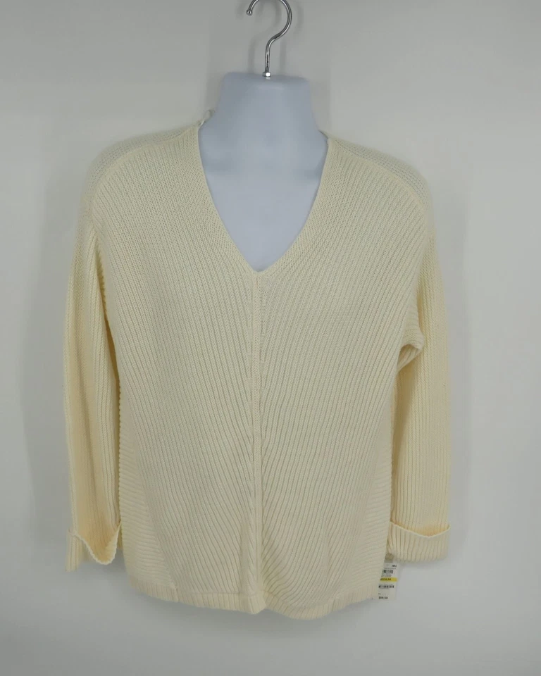 Charter Club Womens Sweater Petite Size PL Ivory Cotton Textured V-neck Pullover
