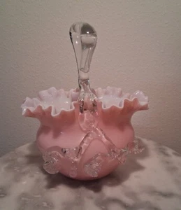 Victorian Pink with White Interior Art Glass Handled Basket - Picture 1 of 3