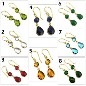 Pear Round Shape Hydro Quartz Chalcedony Gold Plated  Drop Dangle Bezel Earrings - Picture 1 of 25