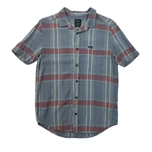 RVCA Shirt Mens Small Cadet Blue Linen Blend Pepperland Plaid Regular Fit Pocket - Picture 1 of 9