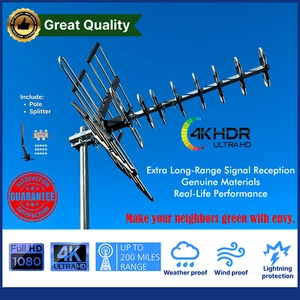 4K 1080P HDTV Outdoor Amplified Antenna Long Range VHF UHF FM with Splitter Pole - Picture 1 of 7
