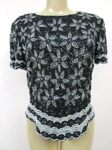 Top Papell Boutique Lentejuelas Seda Negro Plata Estampado Floral Pequeño PM De Colección - Imagen 1 de 5